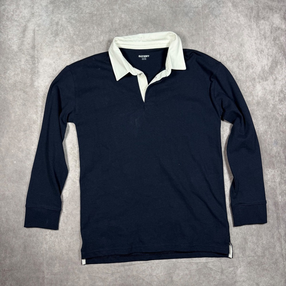 Old Navy Boys XL 14-16 Navy Blue Long Sleeve Rugby Shirt White Collar Preppy